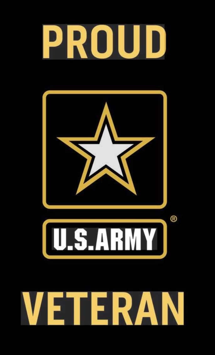 A black background with yellow and white text and symbols celebrating U.S. Army veterans. The words 'PROUD', 'U.S. ARMY', and 'VETERAN' are displayed, along with a star logo in the center.