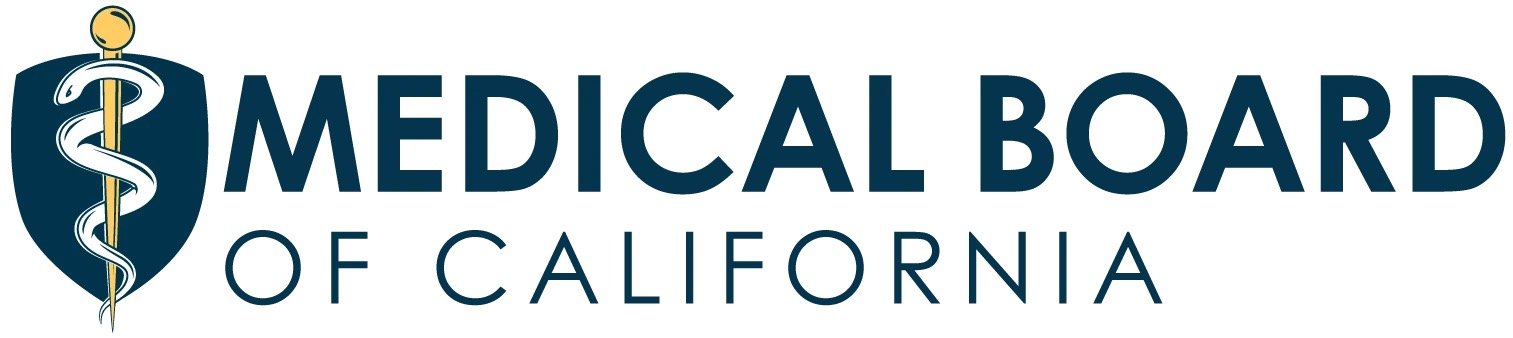 Logo for the Medical Board of California, featuring a shield with a caduceus symbol.