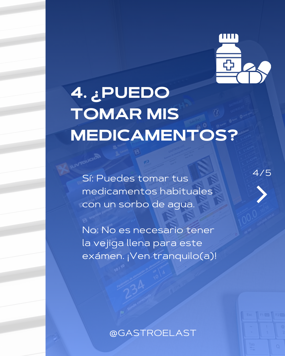 Pantalla digital con información sobre si se pueden tomar medicamentos con un sorbo de agua, con icono de pastillas y frasco