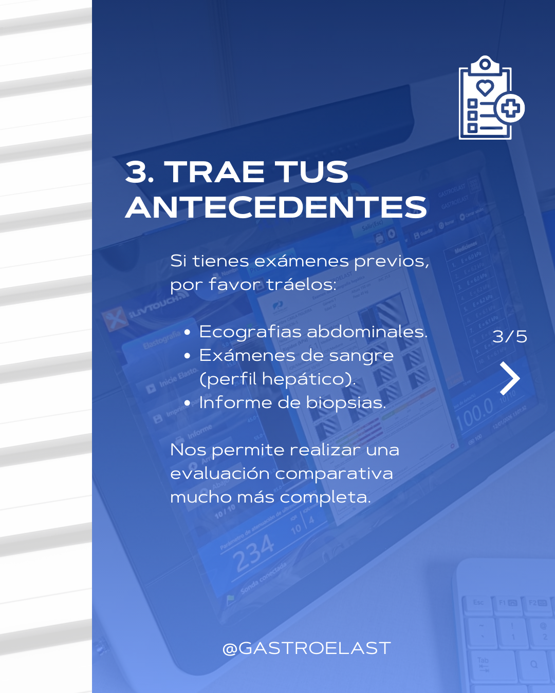 Instrucciones para traer antecedentes médicos en un centro de salud, con fondo de pantalla digital de una clínica y un ícono de historial médico en la esquina superior derecha.