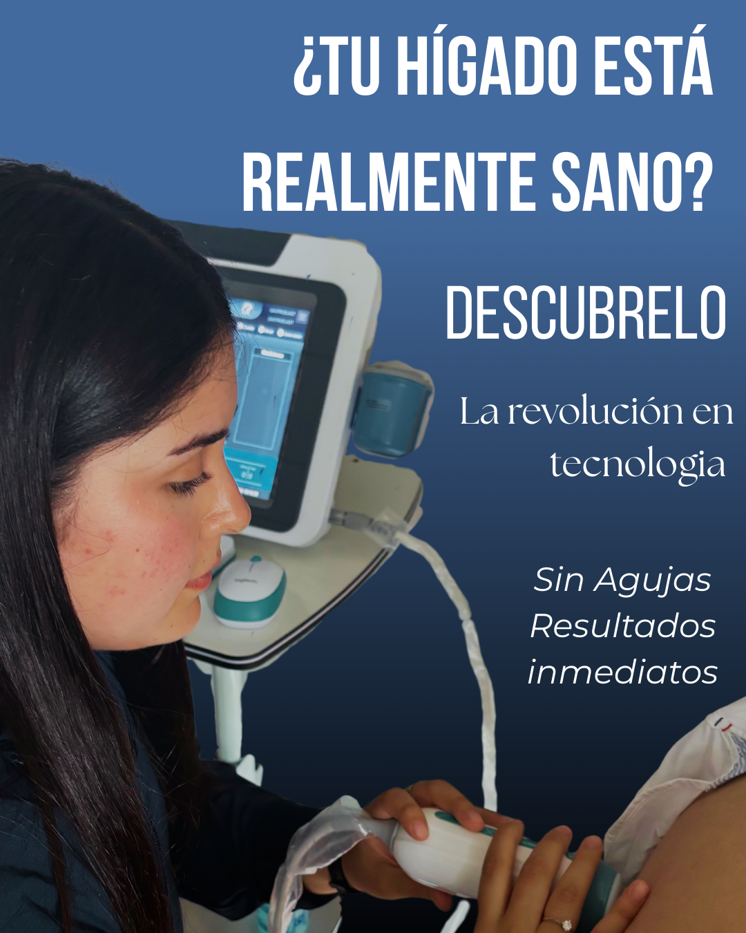 Anuncio de tecnología médica: una mujer realiza una prueba en un aparato sin agujas para verificar la salud del hígado, con texto en español que invita a descubrir la revolución tecnológica sin agujas y resultados inmediatos.