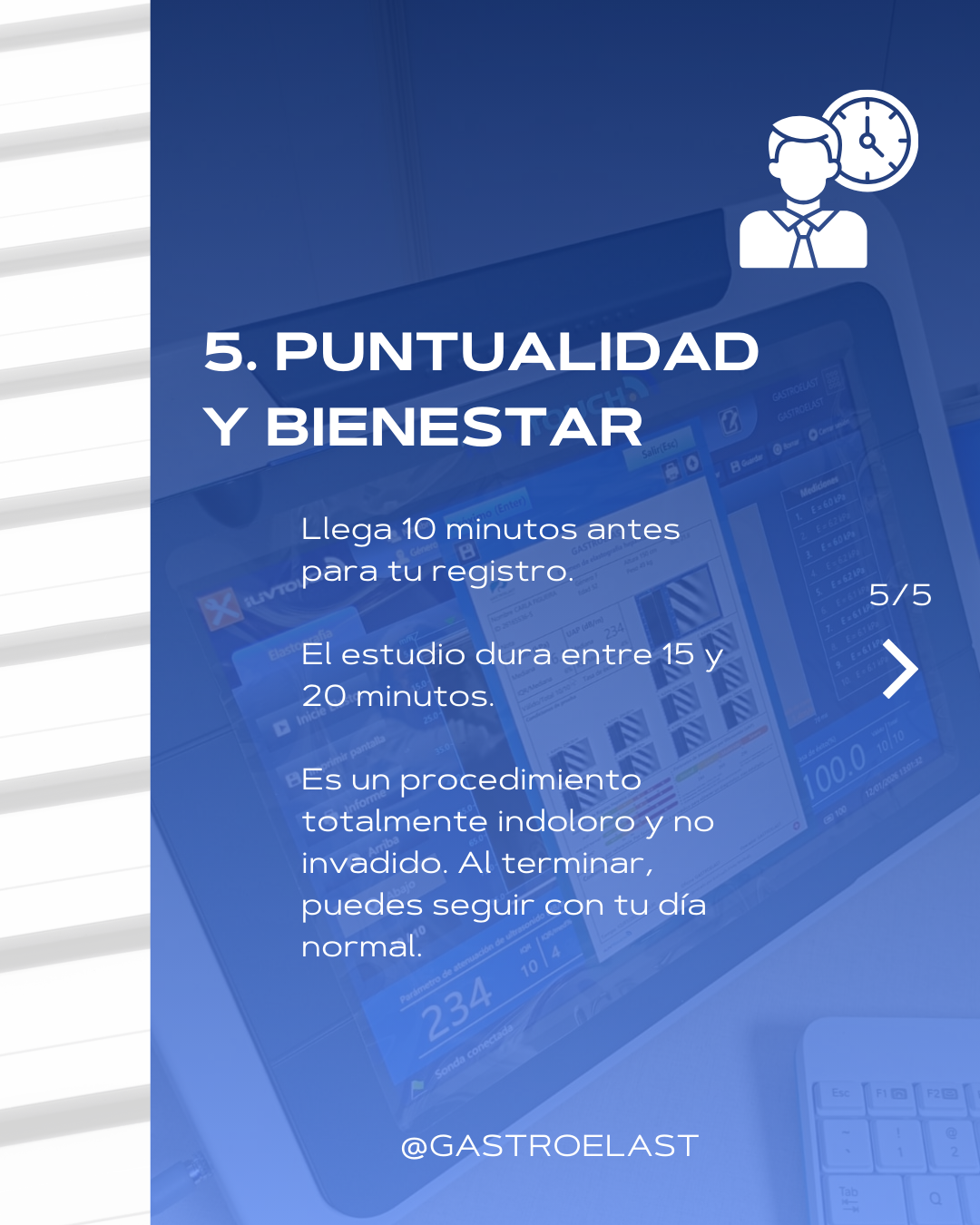 Pantalla de información sobre puntualidad y bienestar para un registro en un centro de salud, con instrucciones sobre llegada, duración del estudio y su carácter indoloro.