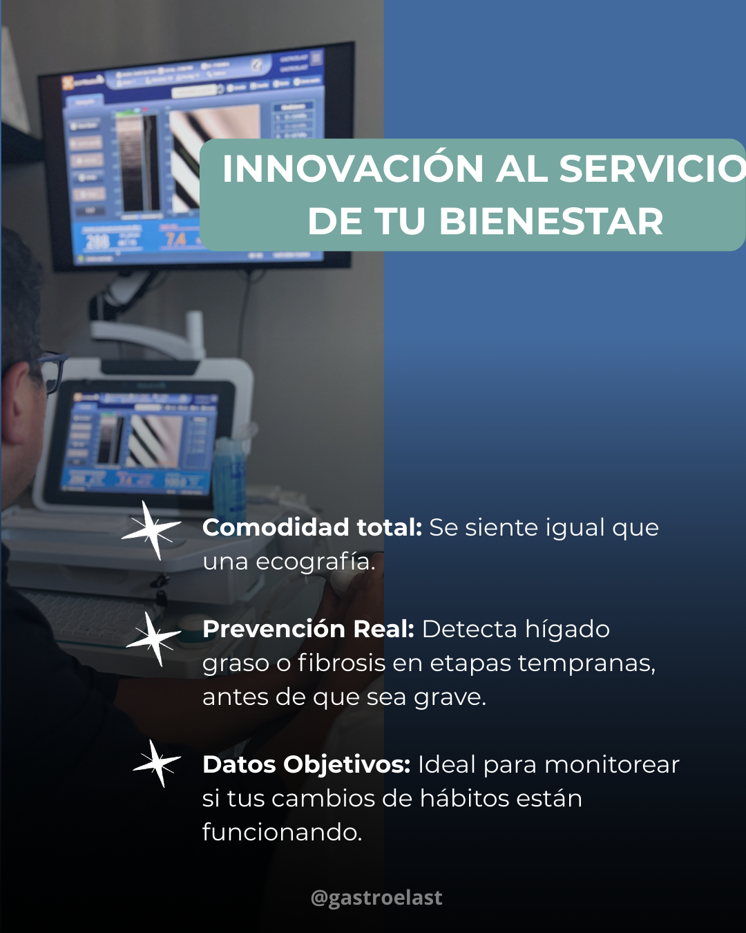 Anuncio de un servicio de monitorización de salud con pantallas médicas y texto en español que dice: 'Innovación al servicio de tu bienestar'.
