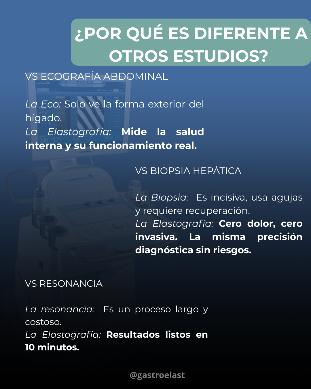 Comparación entre ecografía abdominal, biopsia hepática y resonancia con texto explicativo en español
