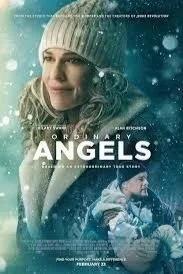 A woman with blonde hair wearing a knit hat, with a snowy background, promoting the film 'Angels'.