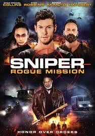 Poster for the movie 'Sniper: Rogue Mission' featuring three main characters with serious expressions, a helicopter, and police lights in the background.