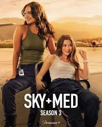 A woman and a girl outdoors at sunset, sitting and standing together with a mountain view in the background. The image promotes 'SKY + MED, Season 3'.