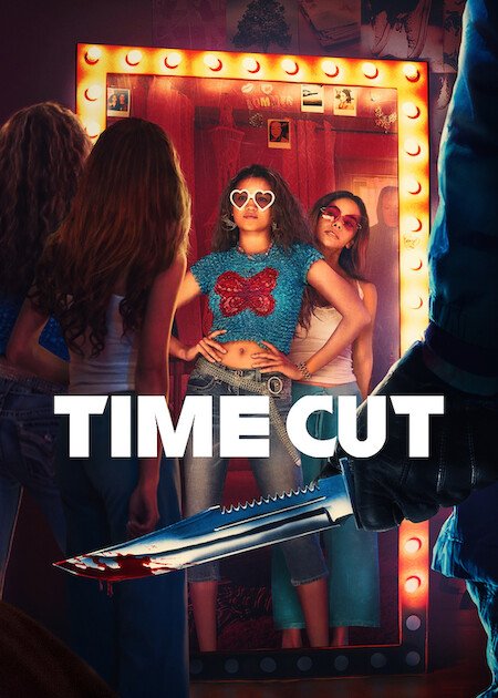 A girl with glasses and heart-shaped sunglasses stands with hands on hips in front of a mirror surrounded by lights, posing confidently. Other girls are visible around her. The image has a sinister overlay and shows a large bloody knife at the bottom. Text says 'TIME CUT.'