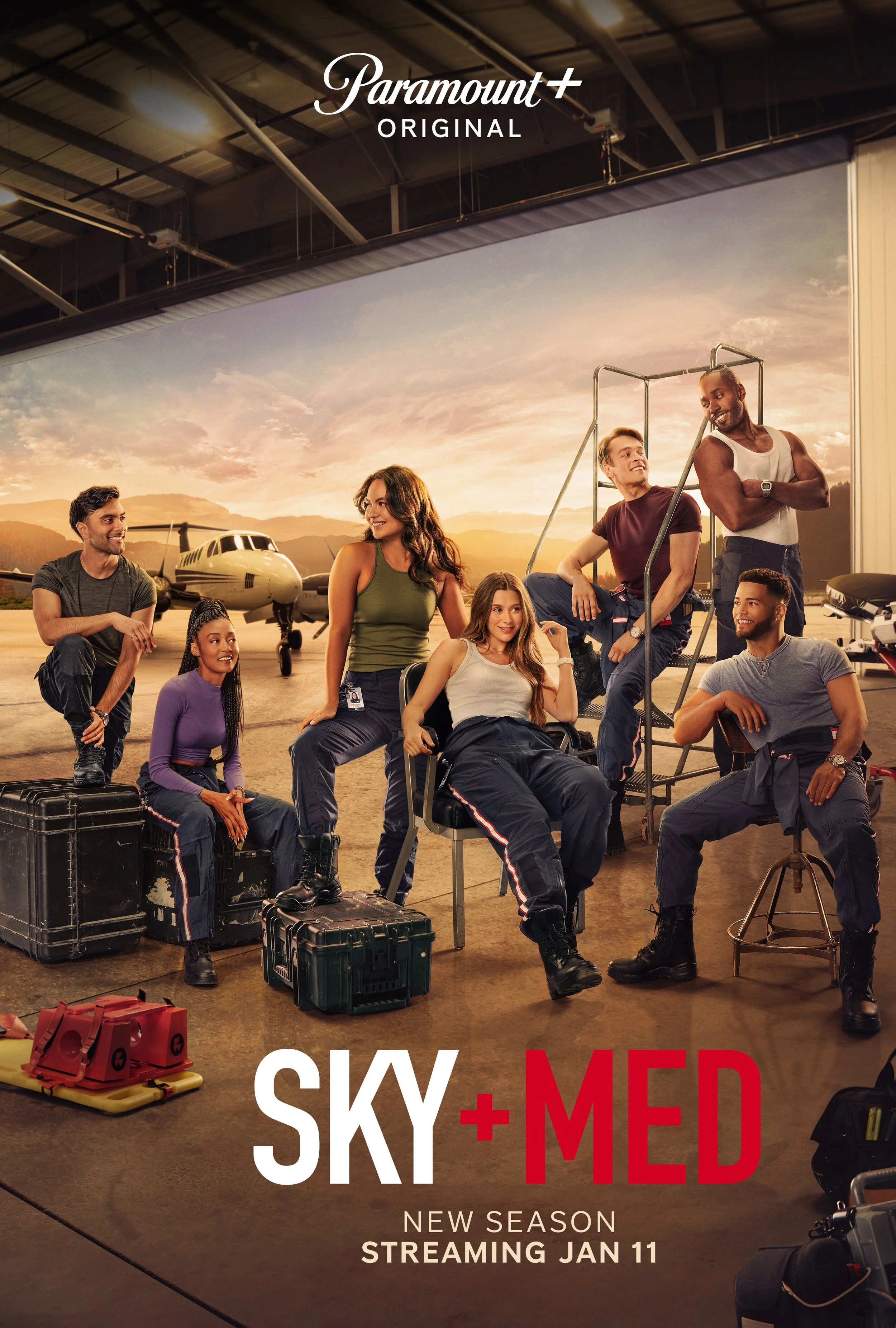 Poster showing the cast of SkyMed, a paramedic team at an airport hangar with a small airplane in the background, promotional for the new season streaming January 11.