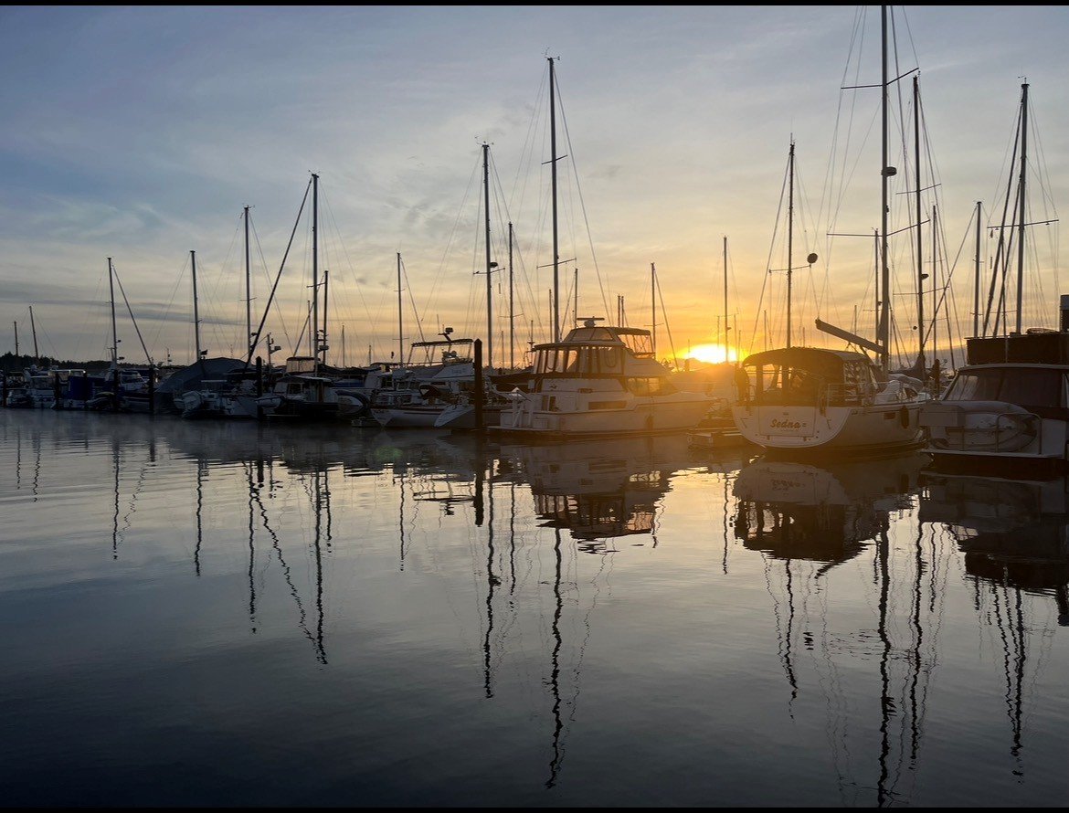 Boats docked at a marina during sunset with their reflections in the water.