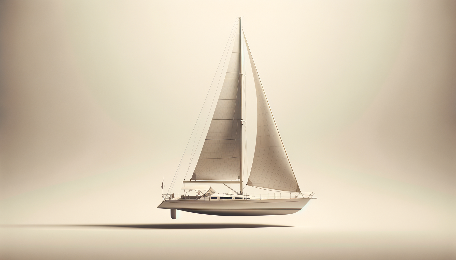 A sailboat with two masts and large white sails floating on water, casting a shadow on the surface.