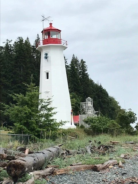 A white lighthouse with a red top situated near a forested area, with logs and rocks in the foreground.