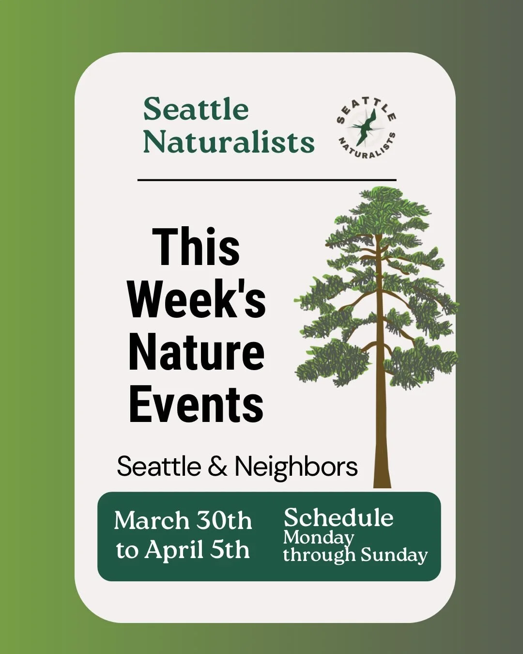 Oh what a wonderful week! We helped release a few thousand coho salmon fry, saw orcas off of Alki 🍪🫍, and saw lots of herons. 

&amp; there are many more events coming up this week from lots of nature orgs in-and-around Seattle. Hope to see y&rsquo