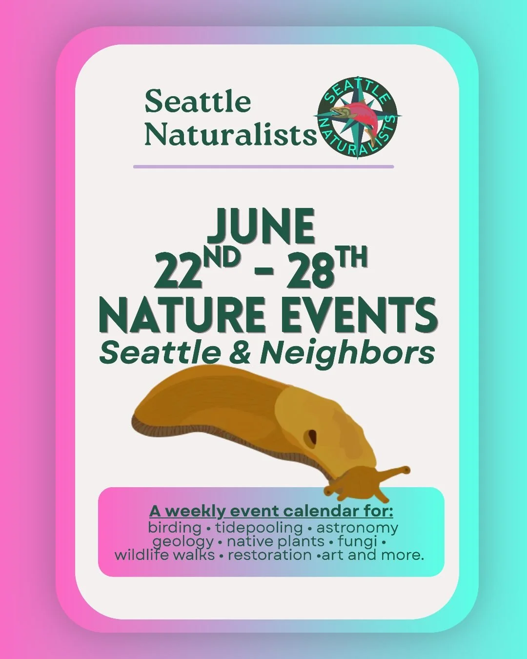 ✨Hey Naturalists, here are the upcoming nature events for Monday, June 22 to Sunday, June 28th by so many cool orgs. 

Organizations are tagged but you can also find a link to each event. See link in bio for event page.

Check for registration, updat