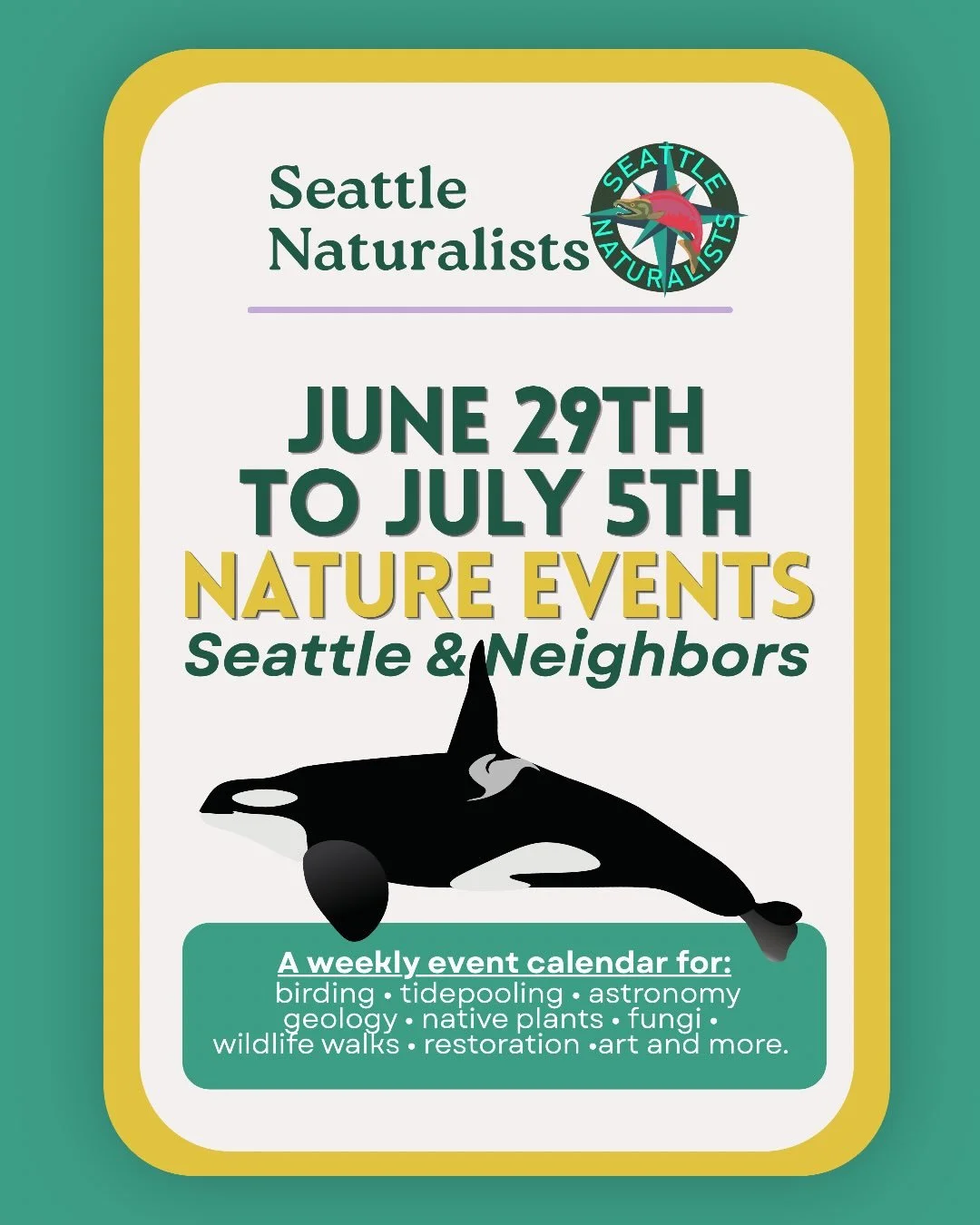 Hey Naturalists, as we wrap up Pride and Orca Action Month, I want you to know: you are loved and I&rsquo;m so grateful we get to share this planet at the same with the orcas and each other. 

There&rsquo;s some good low tides this week, a full moon,