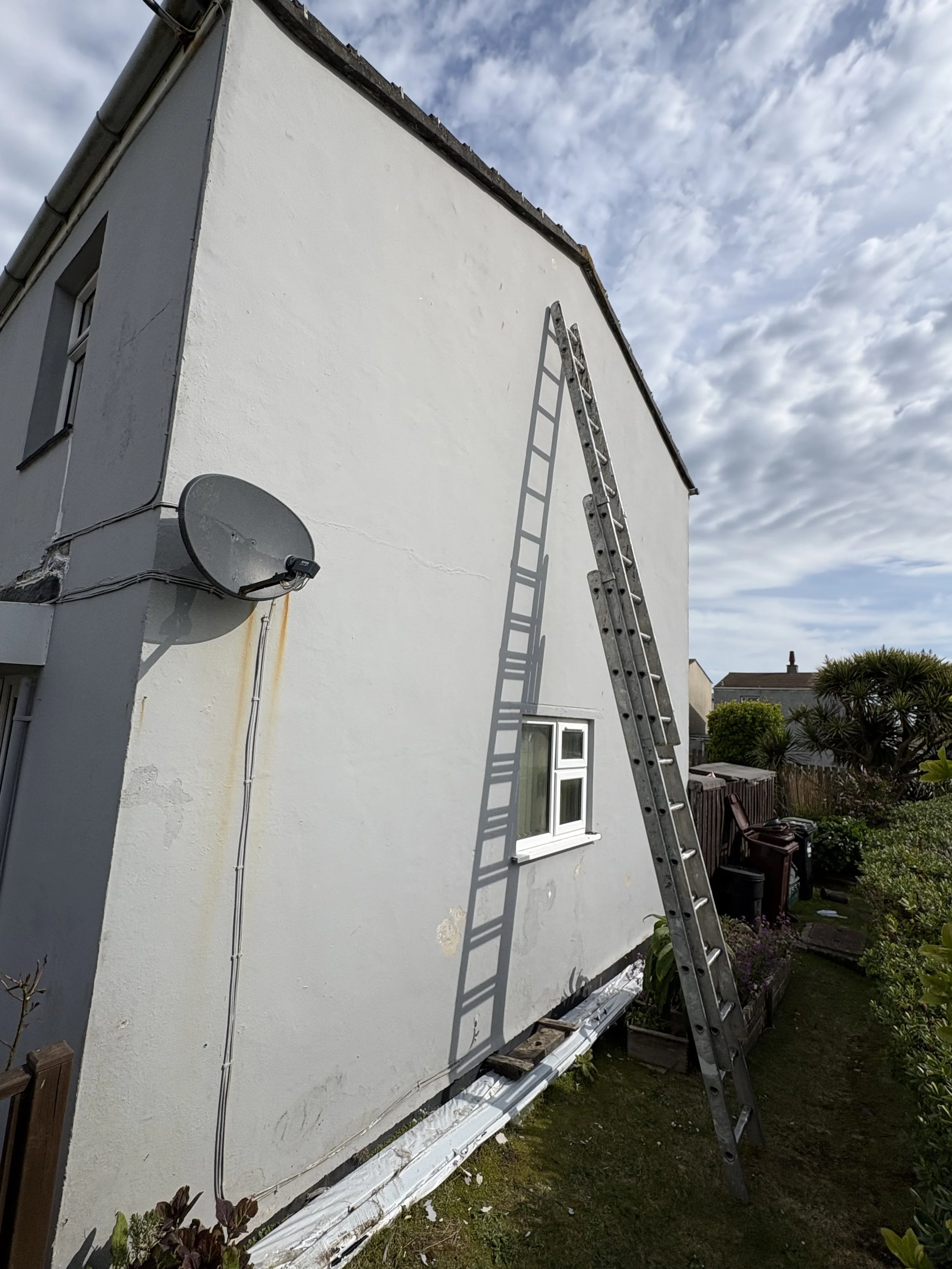Side of a white house with a ladder leaning against it, satellite dish attached to the wall, and plants in the garden.