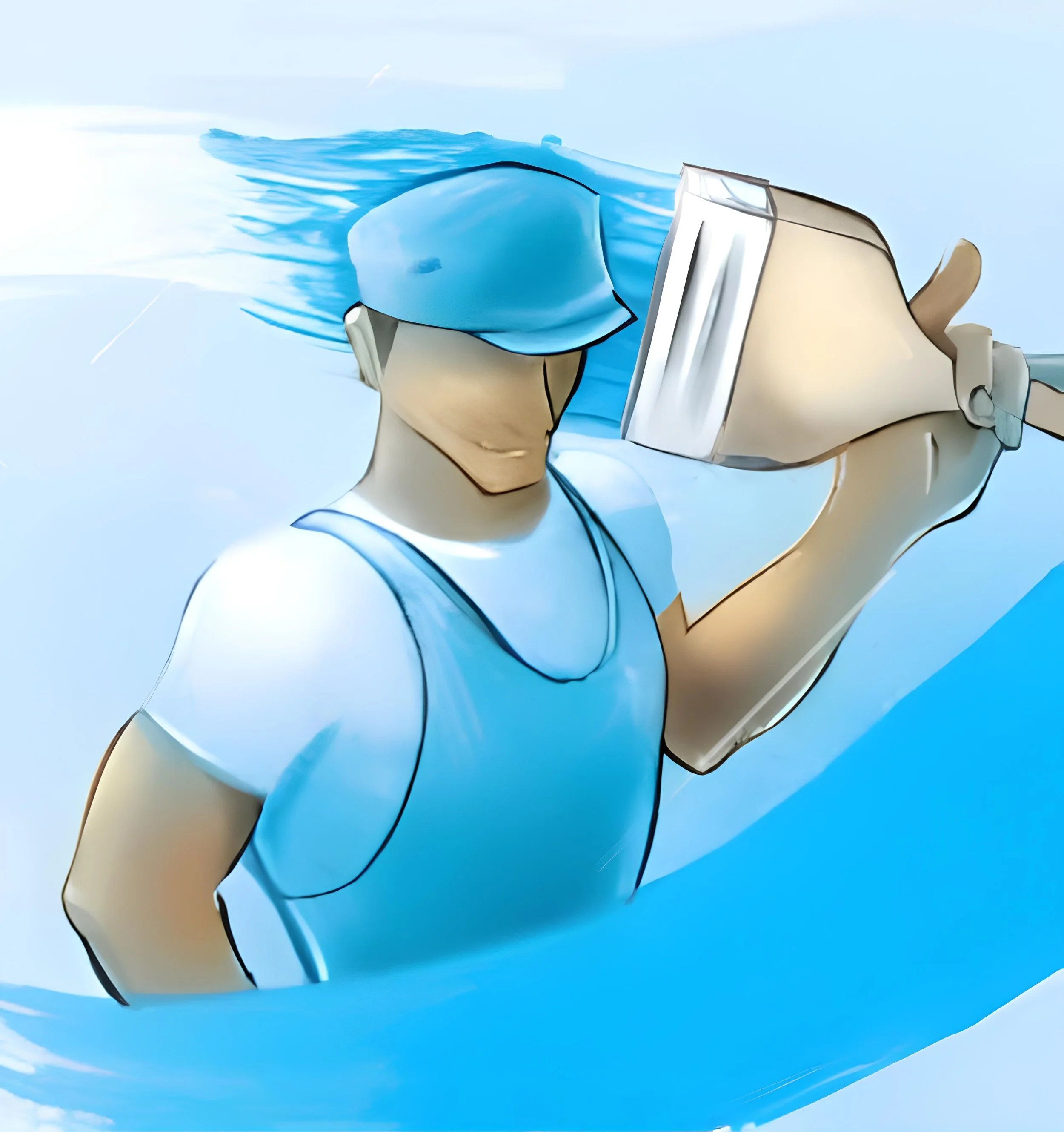 A person wearing a blue cap and matching T-shirt, holding a container of what appears to be ice cream or frozen yogurt, partially submerged in water with a clear blue sky.