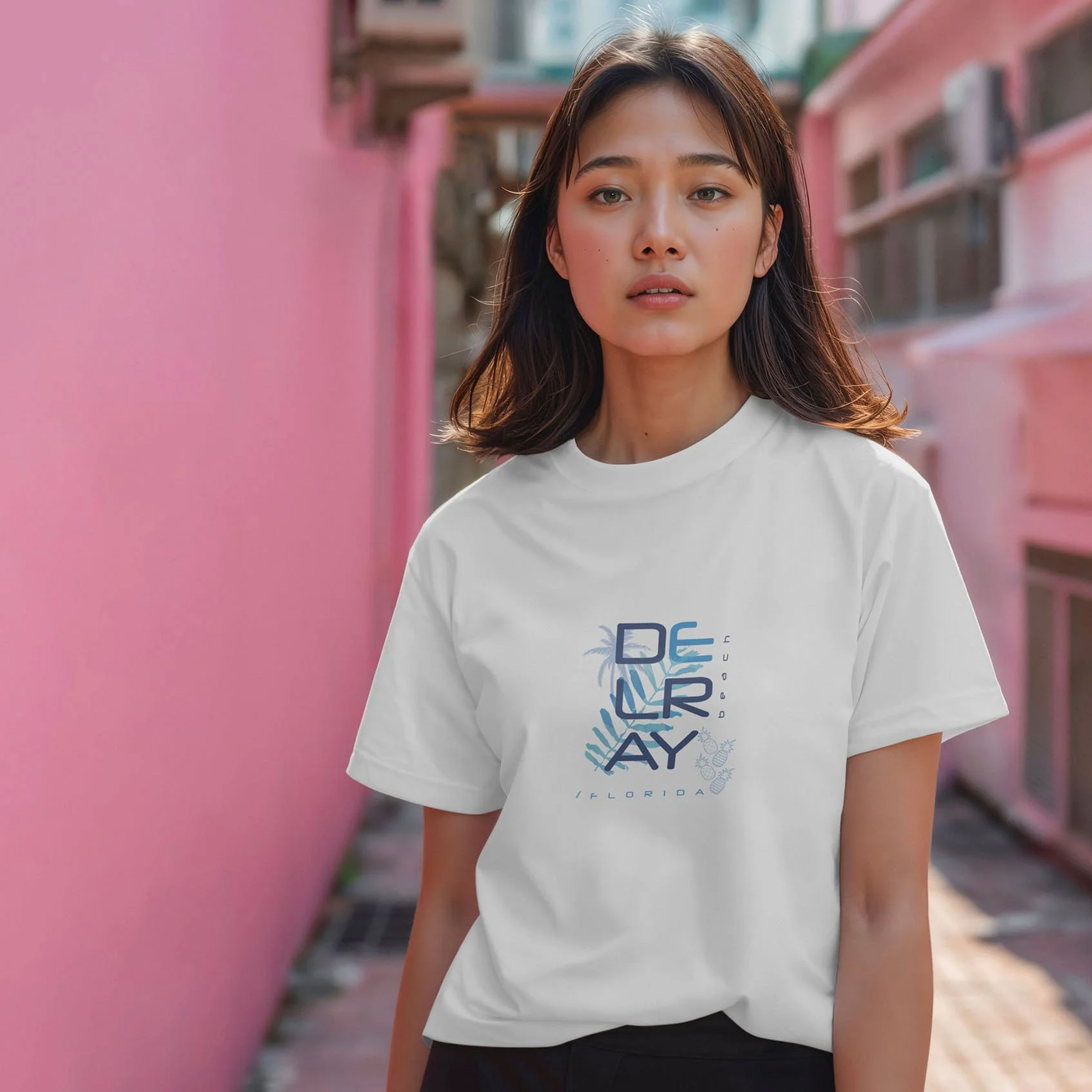A woman with shoulder-length dark hair and a serious expression wearing a white T-shirt with blue and black text, standing in front of a pink wall in an outdoor urban setting.