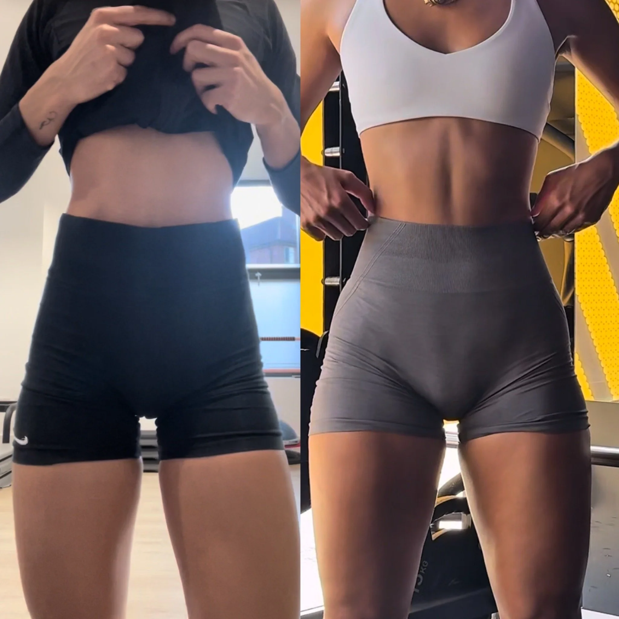 Comparison of a woman's midsection in two different workout outfits, showing toned abdominal muscles and hips.