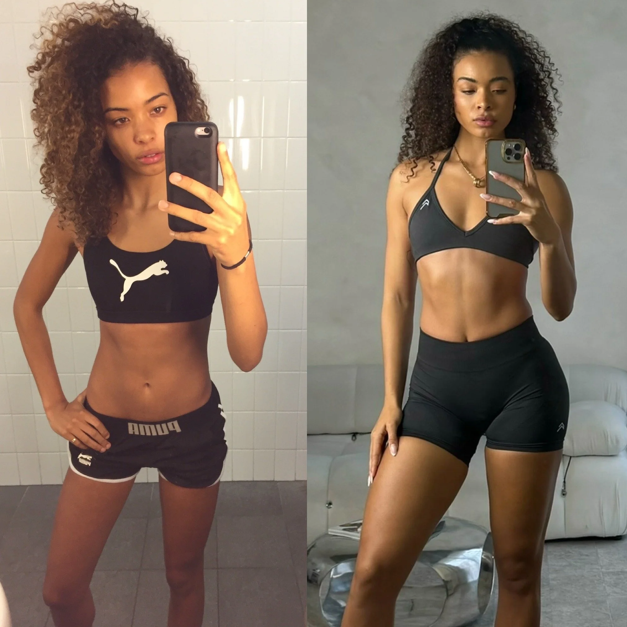 Side-by-side mirror selfies of a woman in workout attire, showing before and after fitness transformation with toned abs and arms.