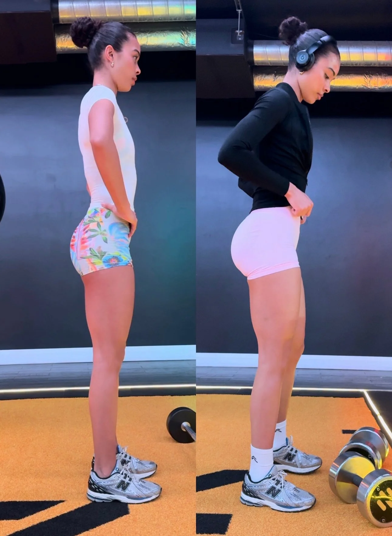 Side-by-side comparison of a woman before and after a workout, standing in a gym with a black wall and yellow flooring, wearing athletic attire, including sneakers, shorts, and a top, with her hair tied back in a bun.