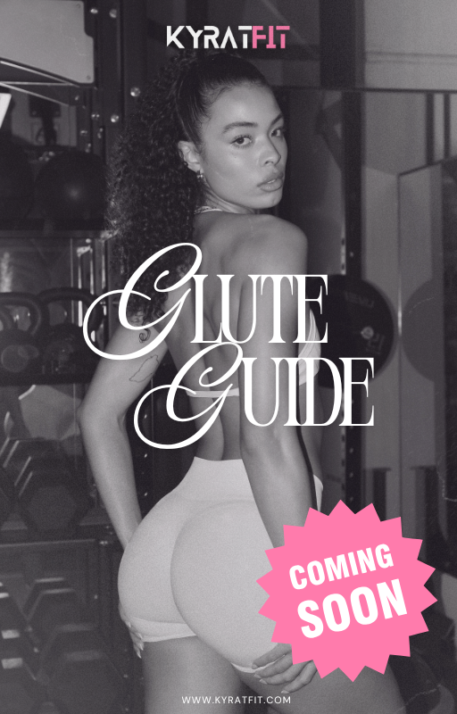 Black and white photo of a woman in a gym, wearing workout clothes, with the text 'Gluet Guide' and a pink starburst saying 'Coming Soon', and the website www.kyrafit.com.