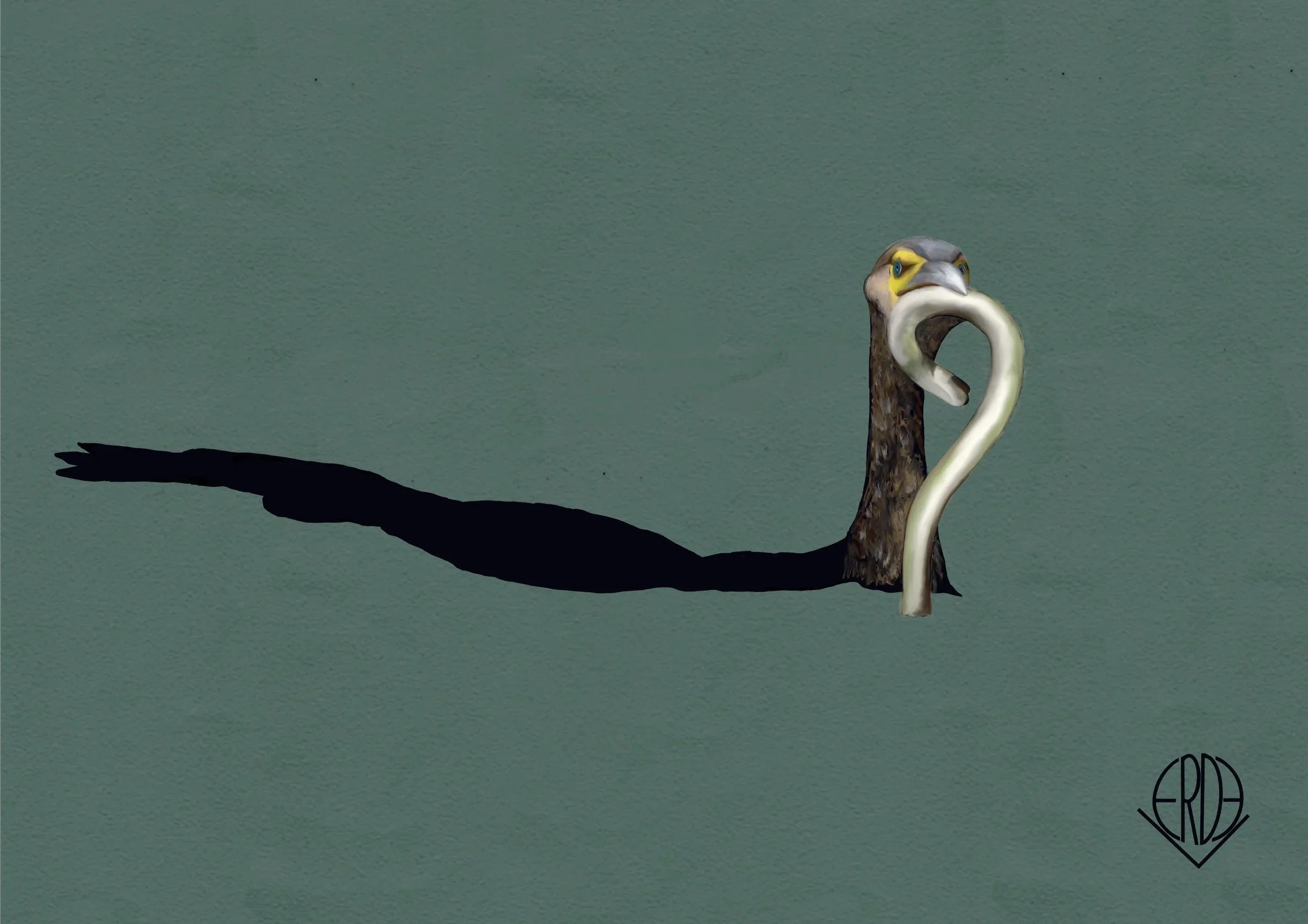 A surreal image of a bird's head with a long neck, holding a snake in its beak. The bird's head resembles a falcon or hawk, with a small yellow patch around its eye. The shadow cast on the ground is elongated. The background is a plain, muted green. There is a logo or signature in the bottom right corner.