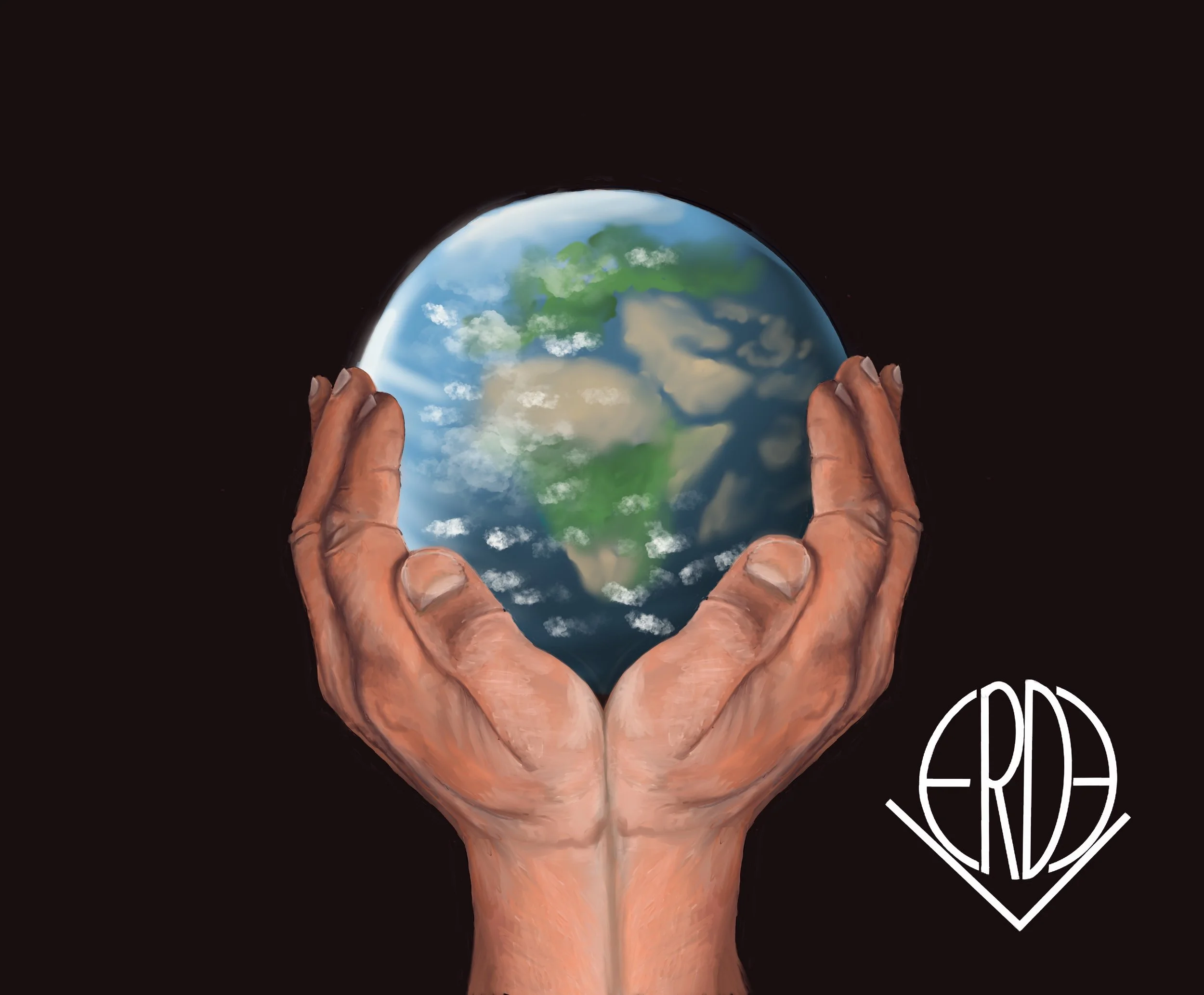 A pair of hands holding a small Earth with visible continents and clouds, set against a black background with a stylized "ERDE" logo in the bottom right corner.