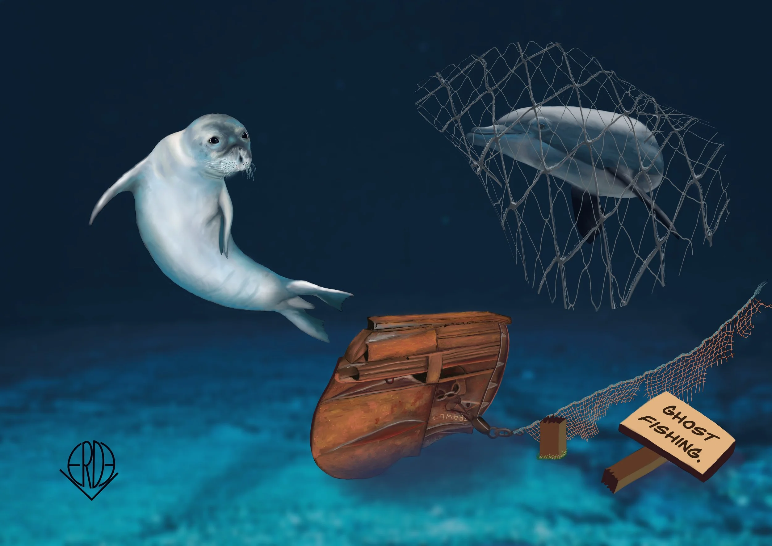 Illustration of a fish with a seal face swimming underwater next to a broken fishing boat, with a trapped fish inside a wire cage, a fishing net, and a sign that reads 'GHOST FISHING'.