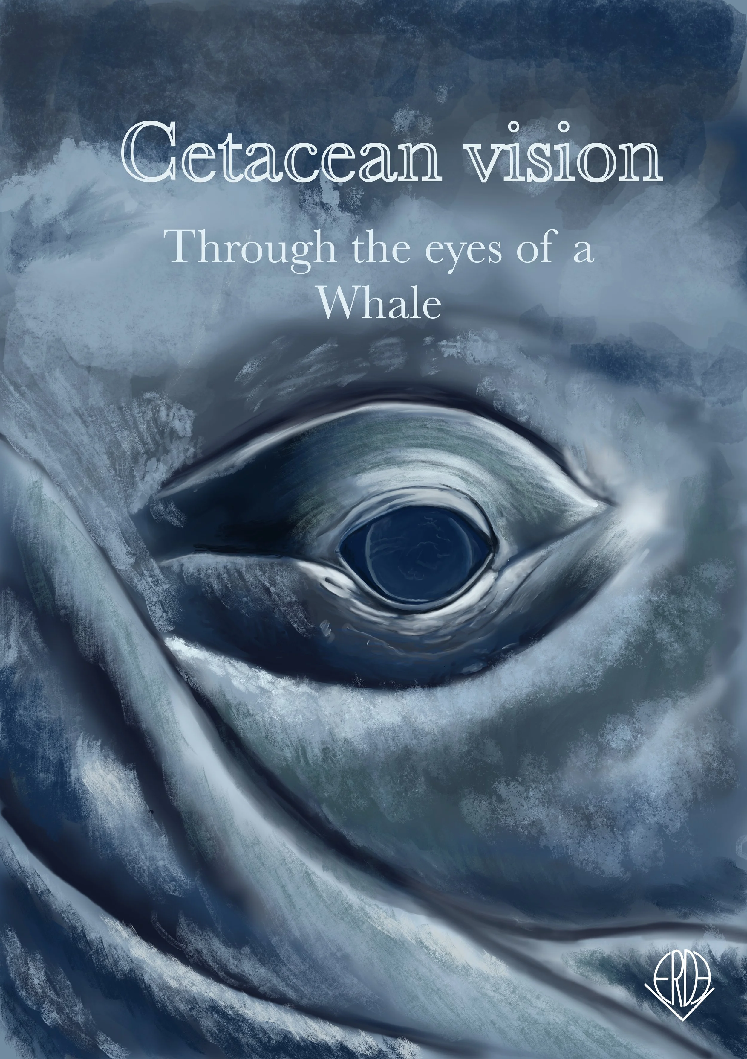 A digitally painted image of a whale's eye with the text "Cetacean vision: Through the eyes of a Whale" overlayed, introducing the current art/science focus.