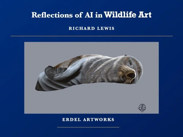 Book cover titled 'Reflections of AI in Wildlife Art' by Richard Lewis, featuring a hand drawn digital painting of a seal . The cover has a dark blue background with the publisher's name, Erdell Artworks, at the bottom.