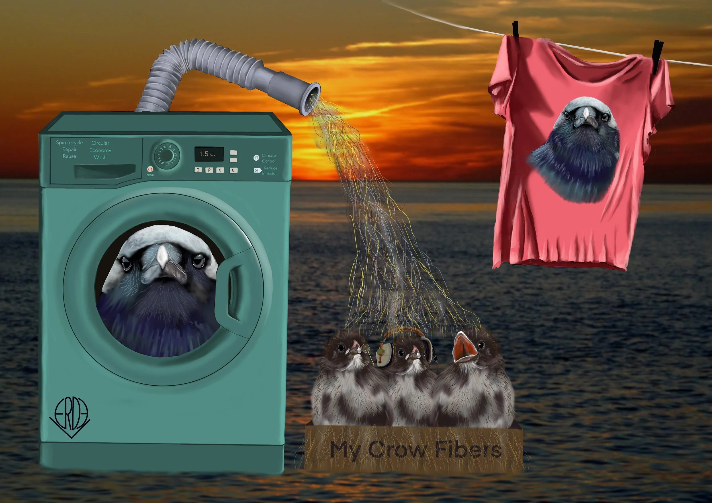 An edited scene with a washing machine with a bird's face inside, being fed wires from a laundry line connected to a box labeled "My Crow Fibers" holding three young birds. A pink shirt with a bird's face hangs on the laundry line, with a sunset background over a body of water.