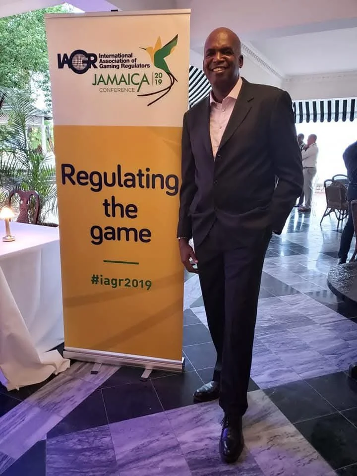International Association of Gaming Regulators Jamaica Conference 2019, with the slogan 'Regulating the game' and hashtag #iagr2019, in a conference room. #BettingandGamingRegulators #GaminginJamaica #GamblingInJamaica