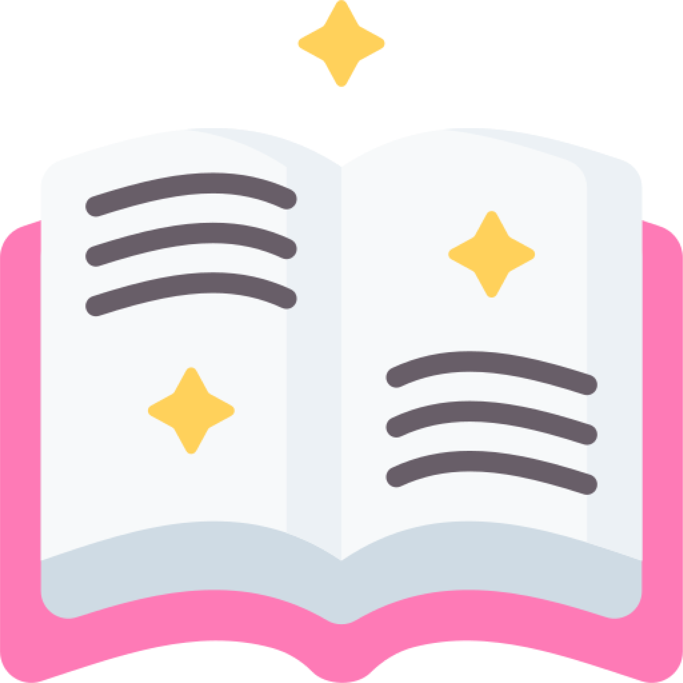 Open book with two pages, each featuring black curved lines and yellow star shapes, on a pink background.