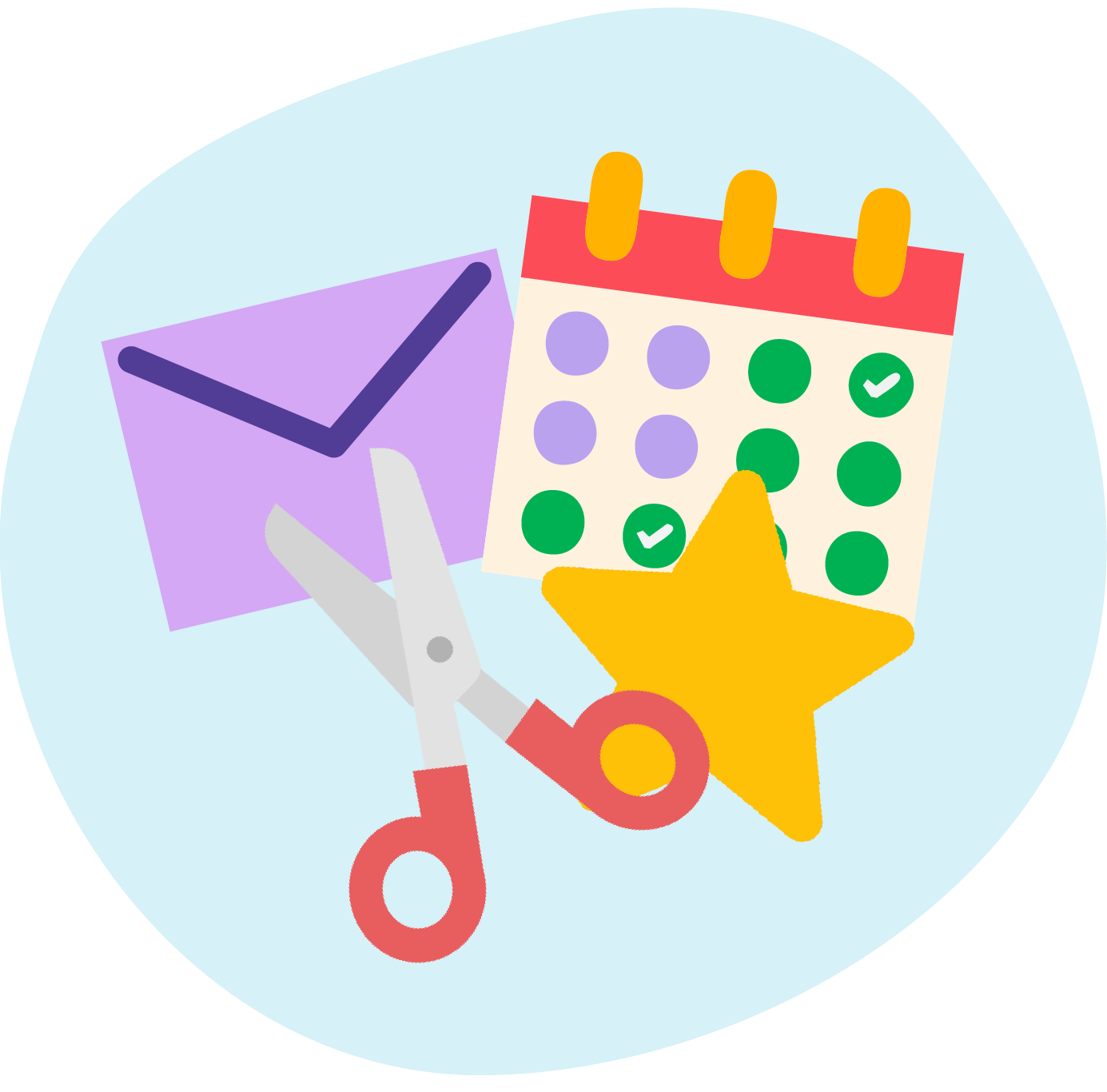 Flat illustration of a calendar, a pair of scissors, an envelope, and a yellow star.