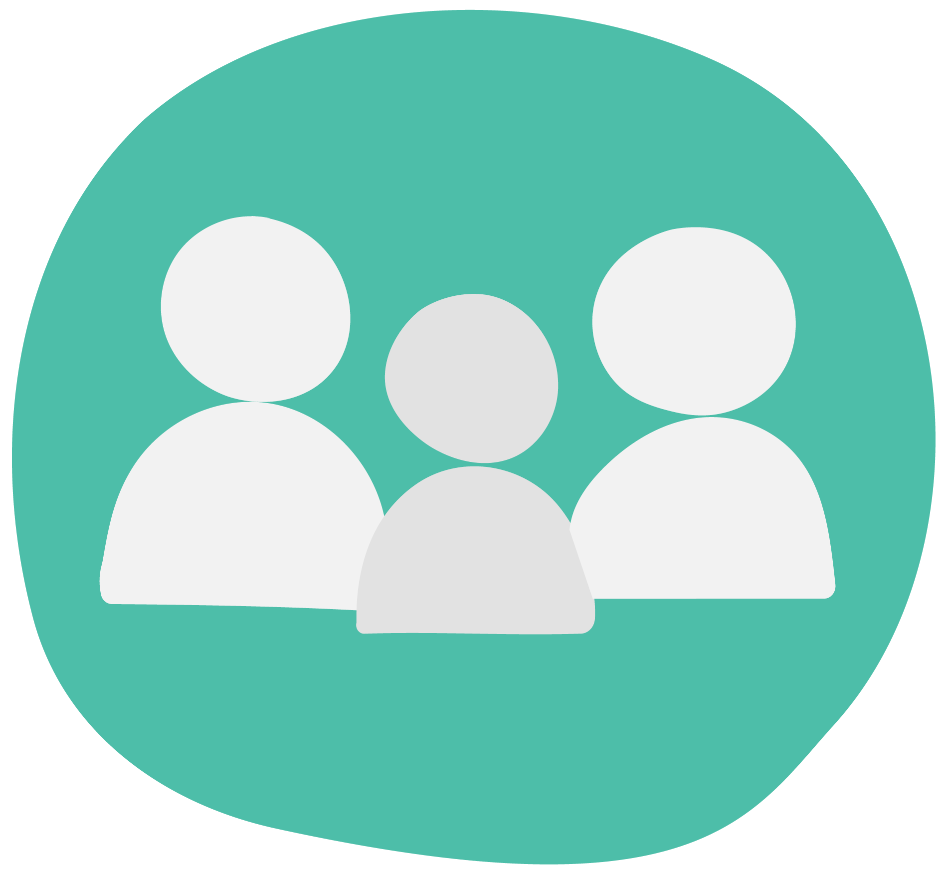 Icon of three simplified human figures in white and light gray on a teal rounded square background.