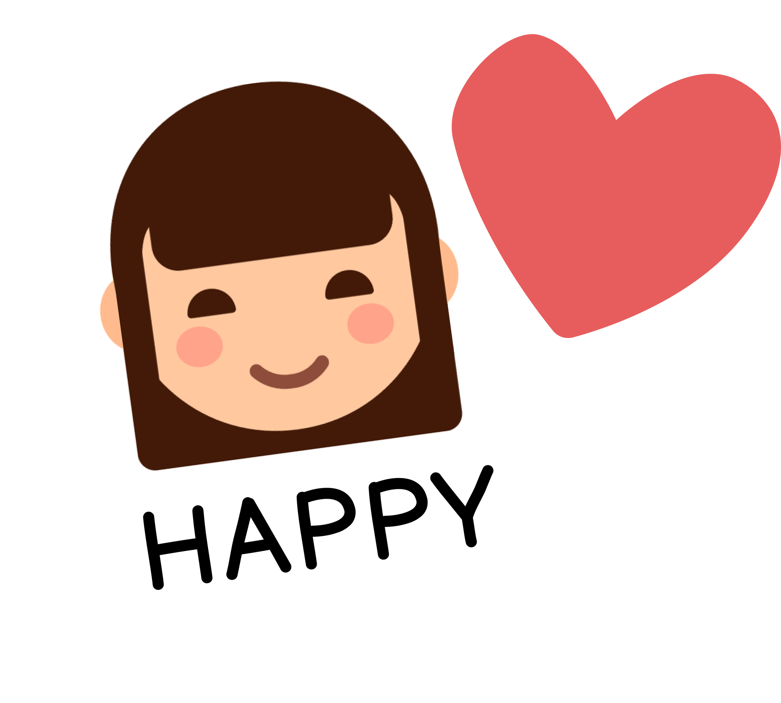 A cartoon illustration of a smiling girl with brown hair and rosy cheeks, a pink heart, and the word 'HAPPY' in black text.