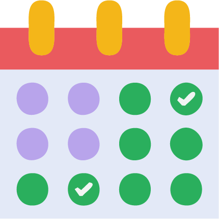 Calendar with days marked with purple and green circles, checkmarks on certain dates, and yellow tabs at the top.