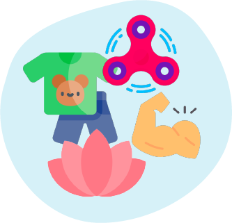 Children's toy set with a green shirt, a bear face, a blue shorts, a pink balance spinner, a yellow arm muscle, and a pink flower.