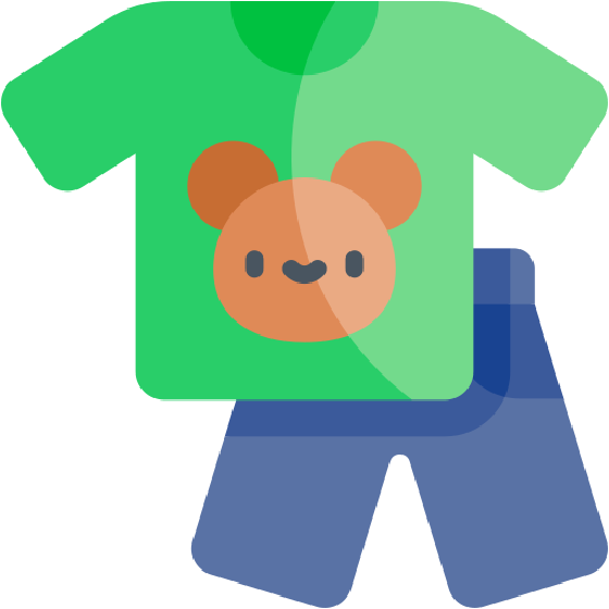 A cartoon illustration of a green T-shirt with a bear face graphic on the front, paired with blue pants.