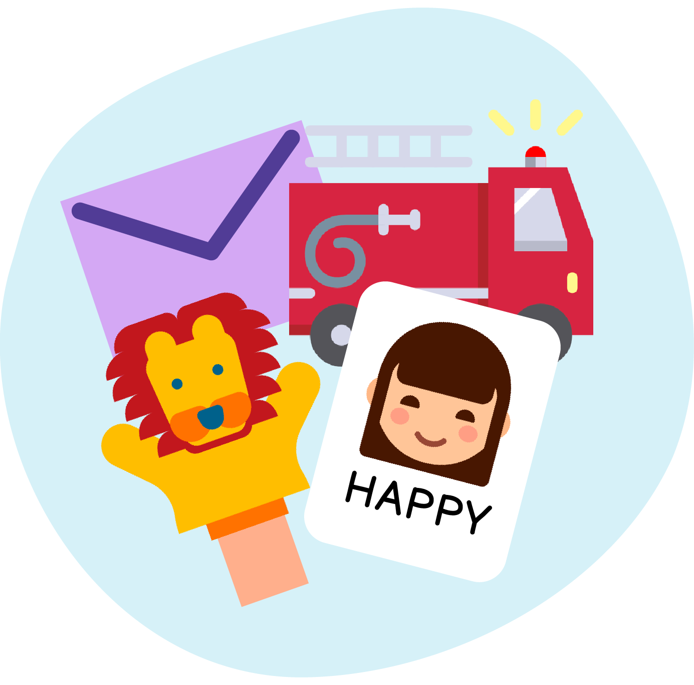 Children's toys and items including a lion puppet, fire truck, a photo of a girl with a happy face and 'HAPPY' written below, and an envelope with checkmark, arranged in a circular pattern.