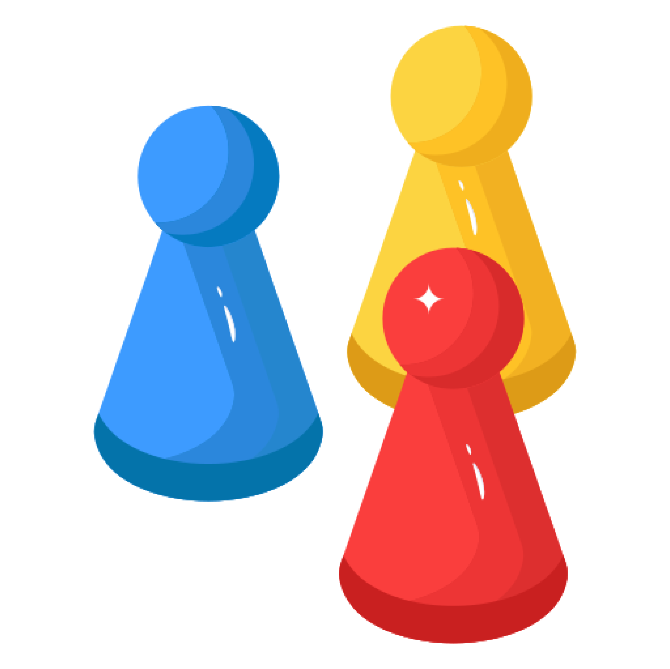 Colorful game pieces, including a blue, yellow, and red game pawns, arranged on a black background.