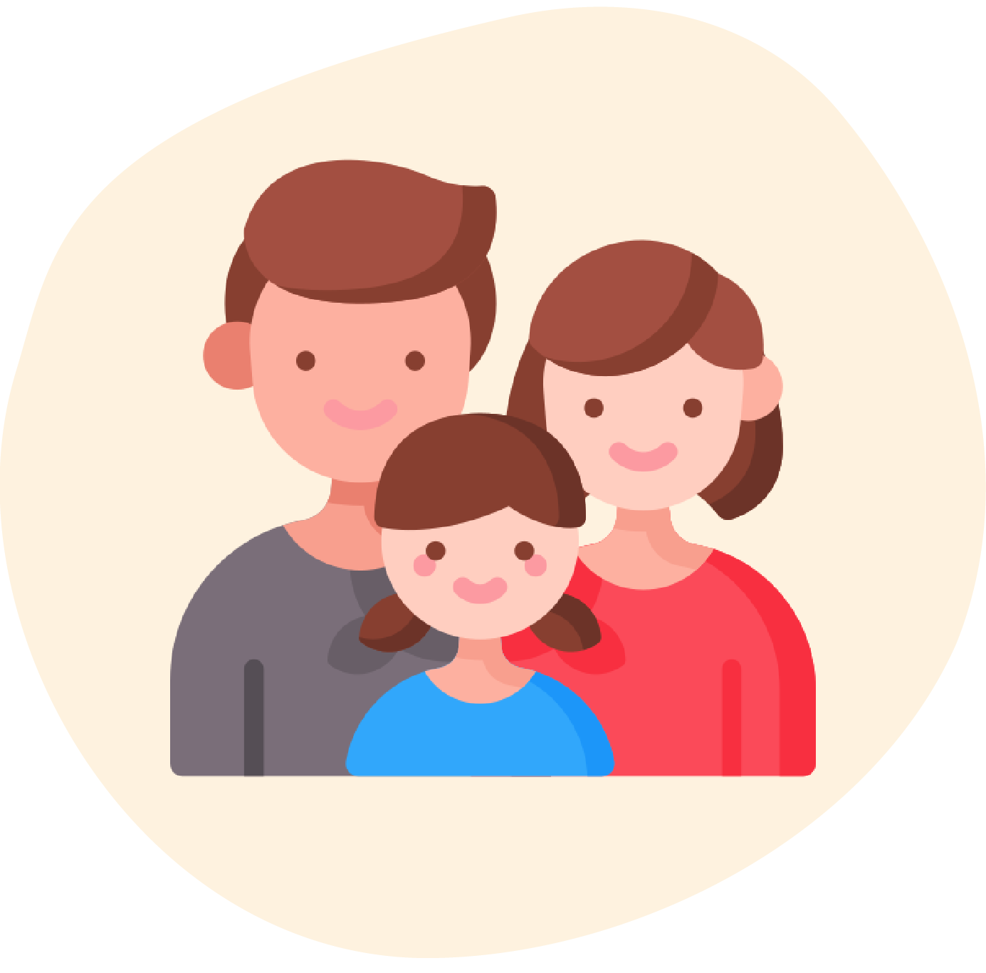 A cartoon family of three, a father, mother, and daughter, all smiling with brown hair, standing close together.