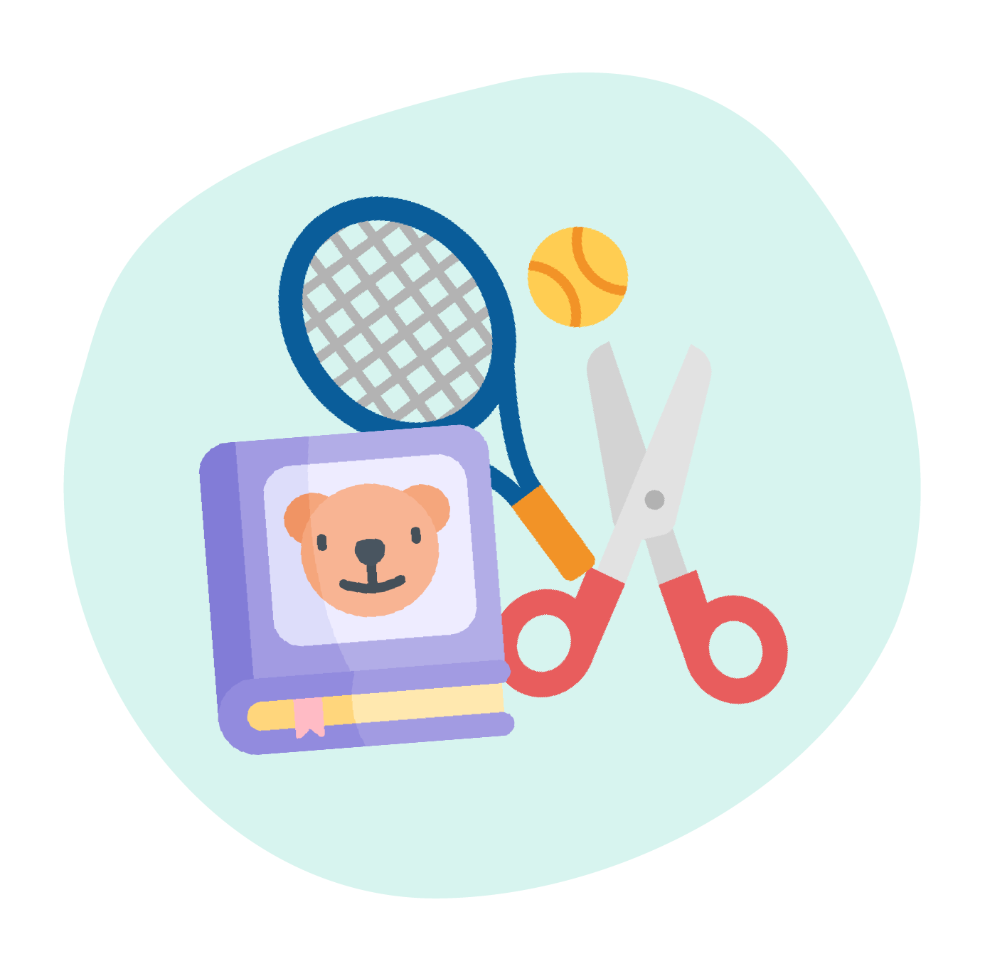 Illustration of a tennis racket, tennis ball, teddy bear picture, title, and red-handled scissors.