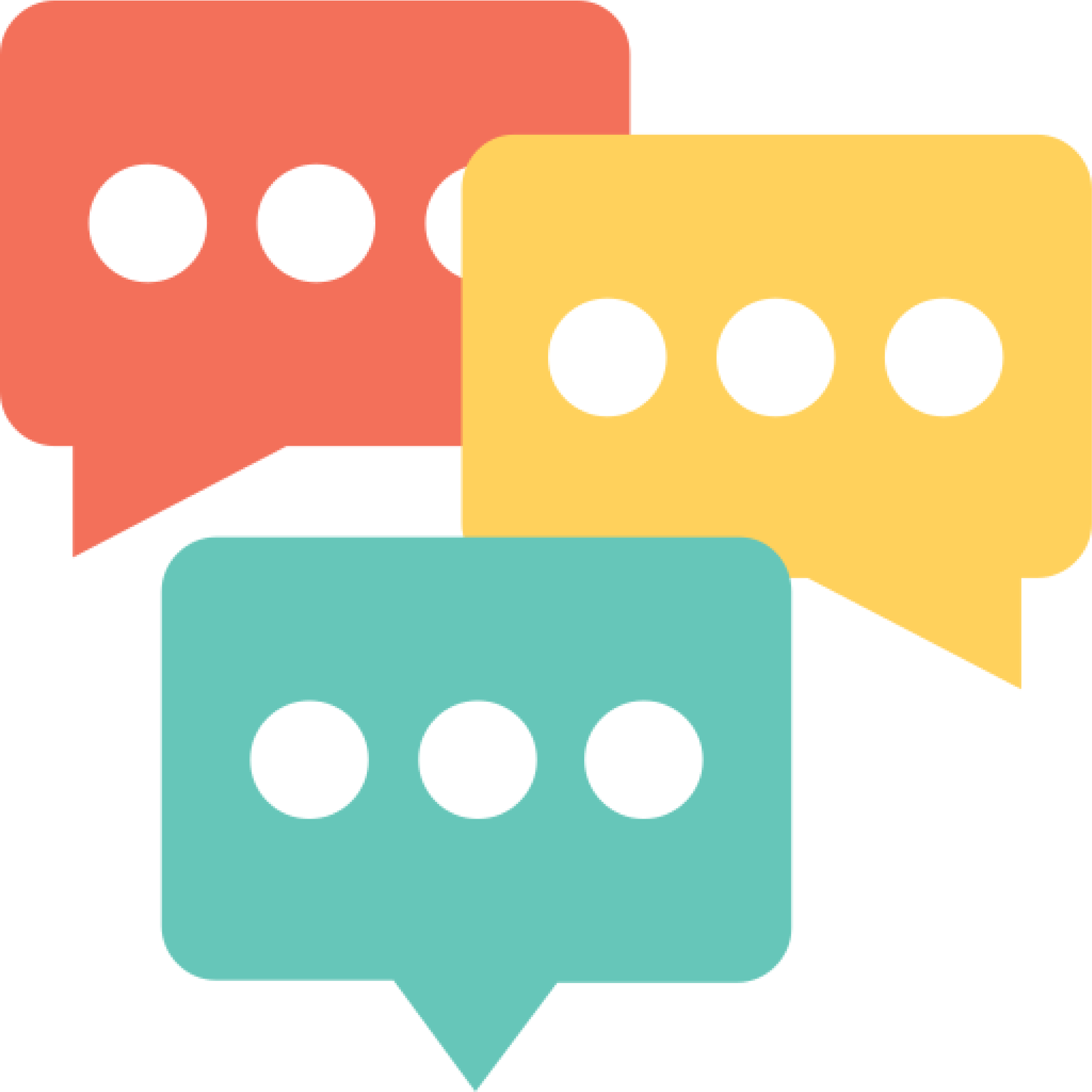 Abstract digital graphic with three overlapping rectangular speech bubbles of coral, yellow, and teal colors, each containing three white dots.