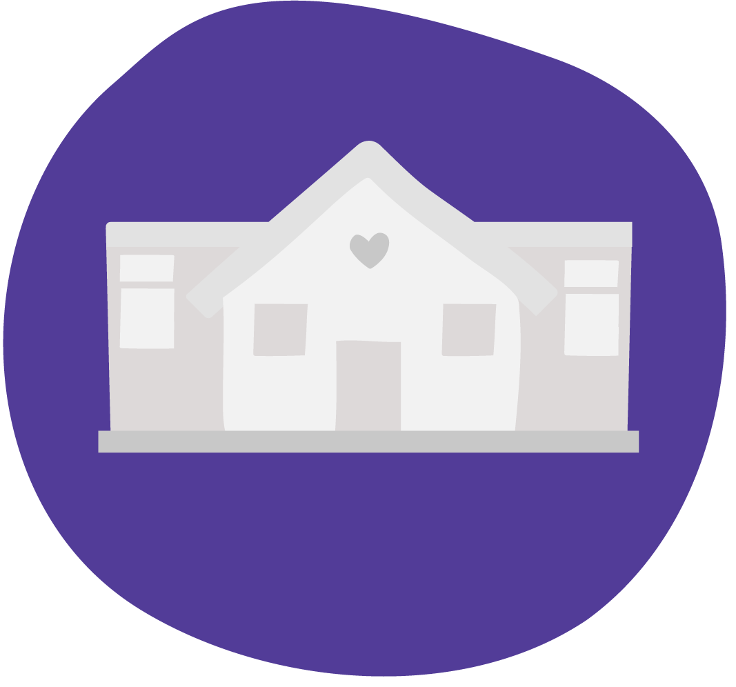 A minimalist illustration of a house with a heart above the front door, on a purple circular background.