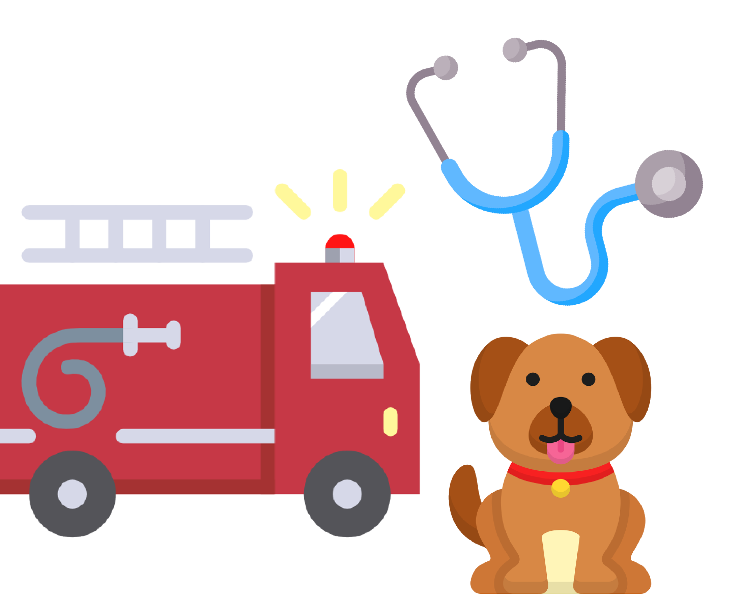 Illustration of a red fire truck with a ladder on top, a blue stethoscope beside it, and a happy brown puppy dog with a red collar sitting in front.