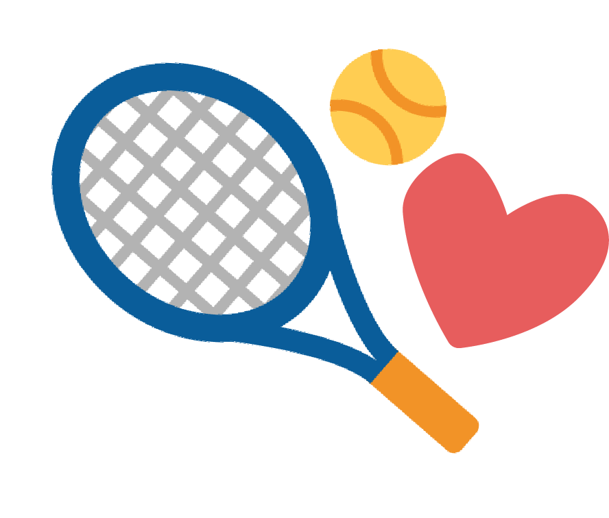 Illustration of a tennis racket, a tennis ball, and a red heart on a black background.
