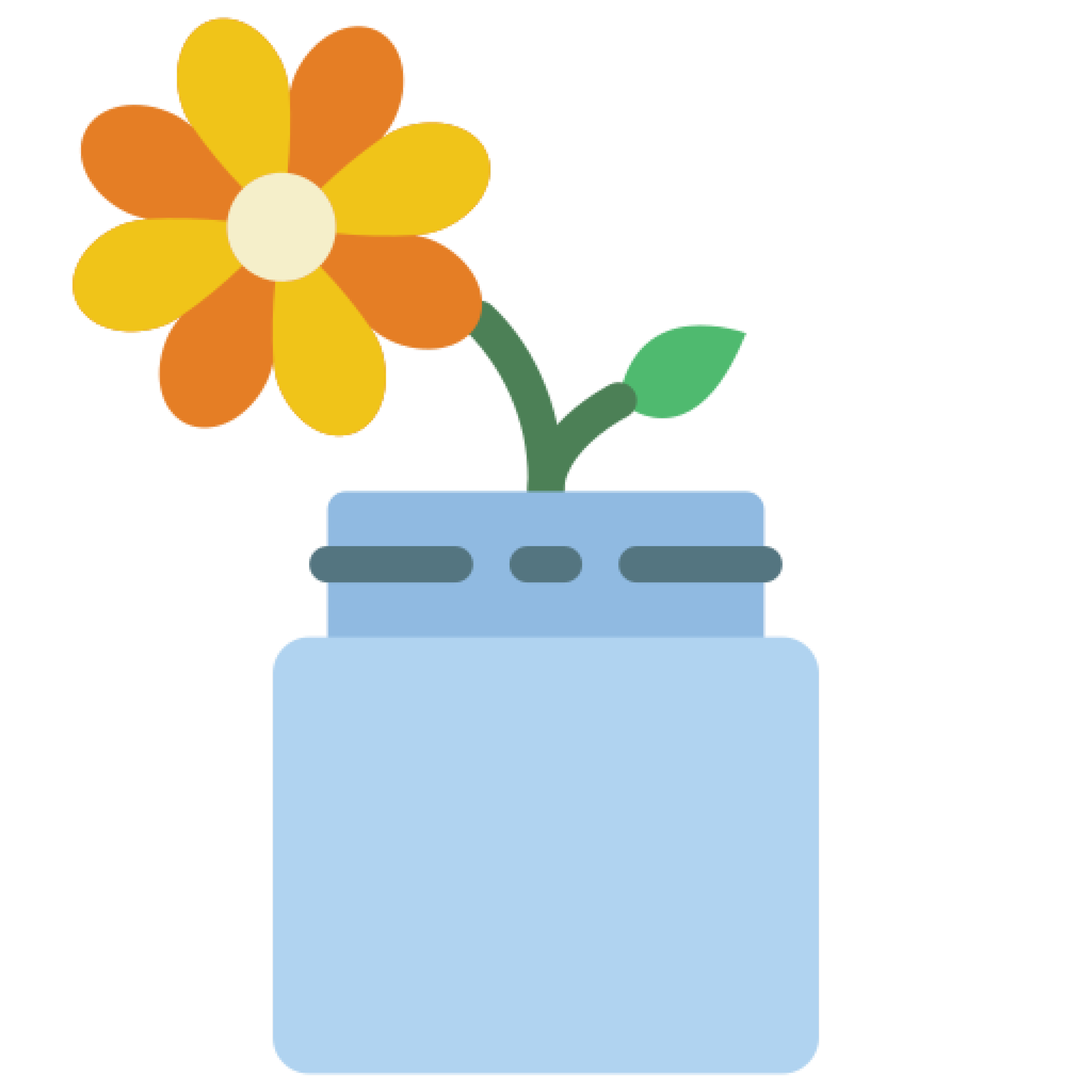 Illustration of a yellow and orange flower in a blue pot with a green leaf and stem.