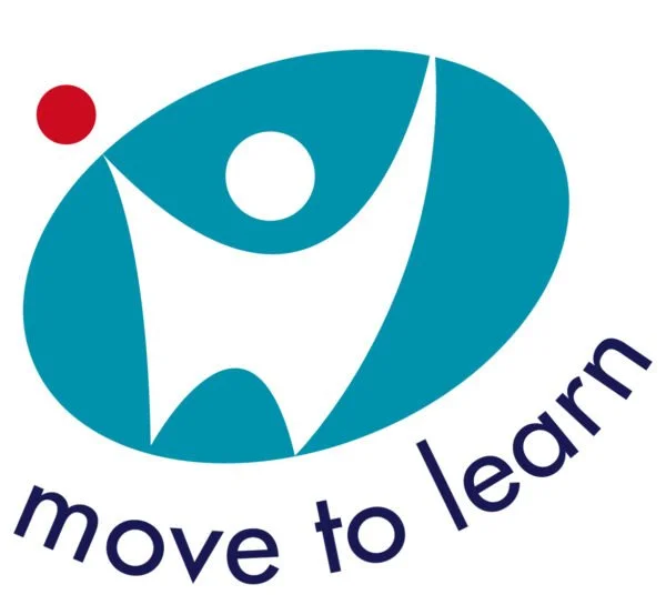 A stylized logo with a blue abstract figure inside an oval shape, a small red circle above the figure, and the words "move to learn" in dark blue curved text below.